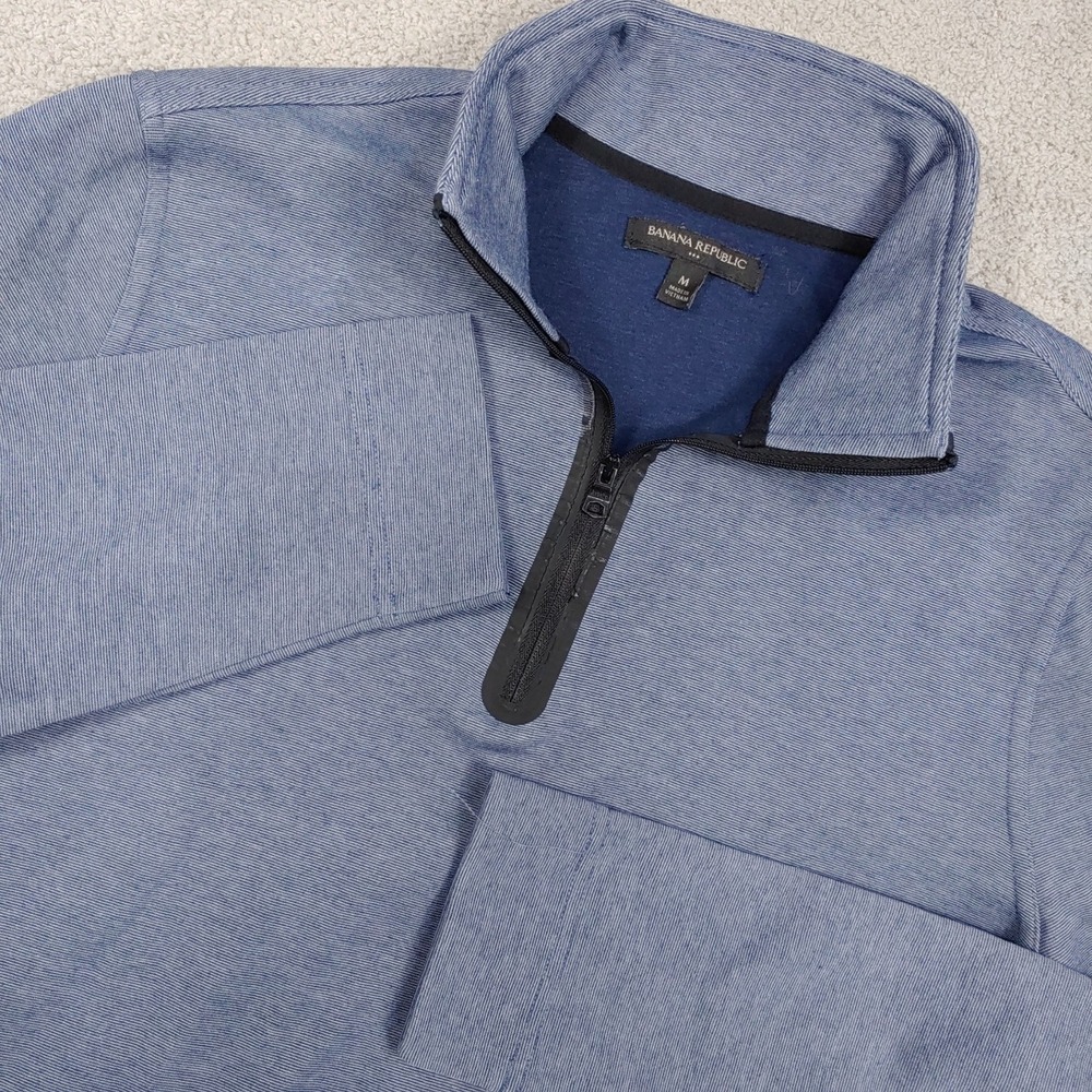 Banana Republic Quarter Zip Pullover - Men's M Blue Striped Textured Long Sleeve